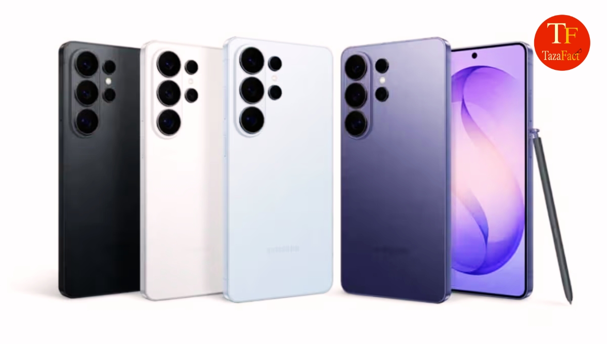 Four Samsung smartphones in various colors showcasing design and finish options