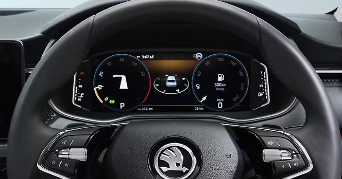 Skoda Kushaq facelift interior dashboard with digital cockpit and infotainment system
