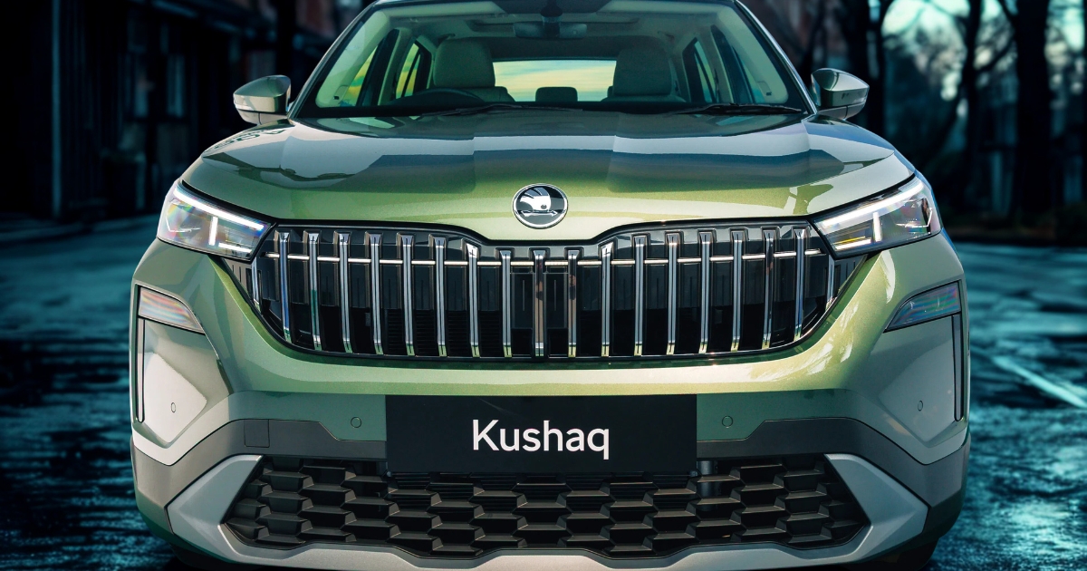 Skoda Kushaq Facelift 2026 front design with LED headlights and illuminated grille